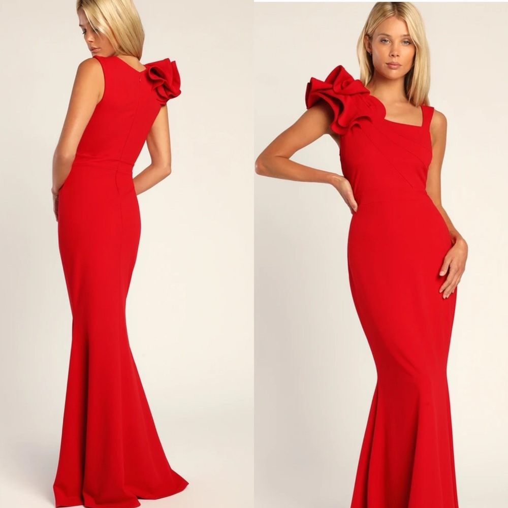 Lulus Lucette Red Sleeveless Ruffled Mermaid Maxi Dress